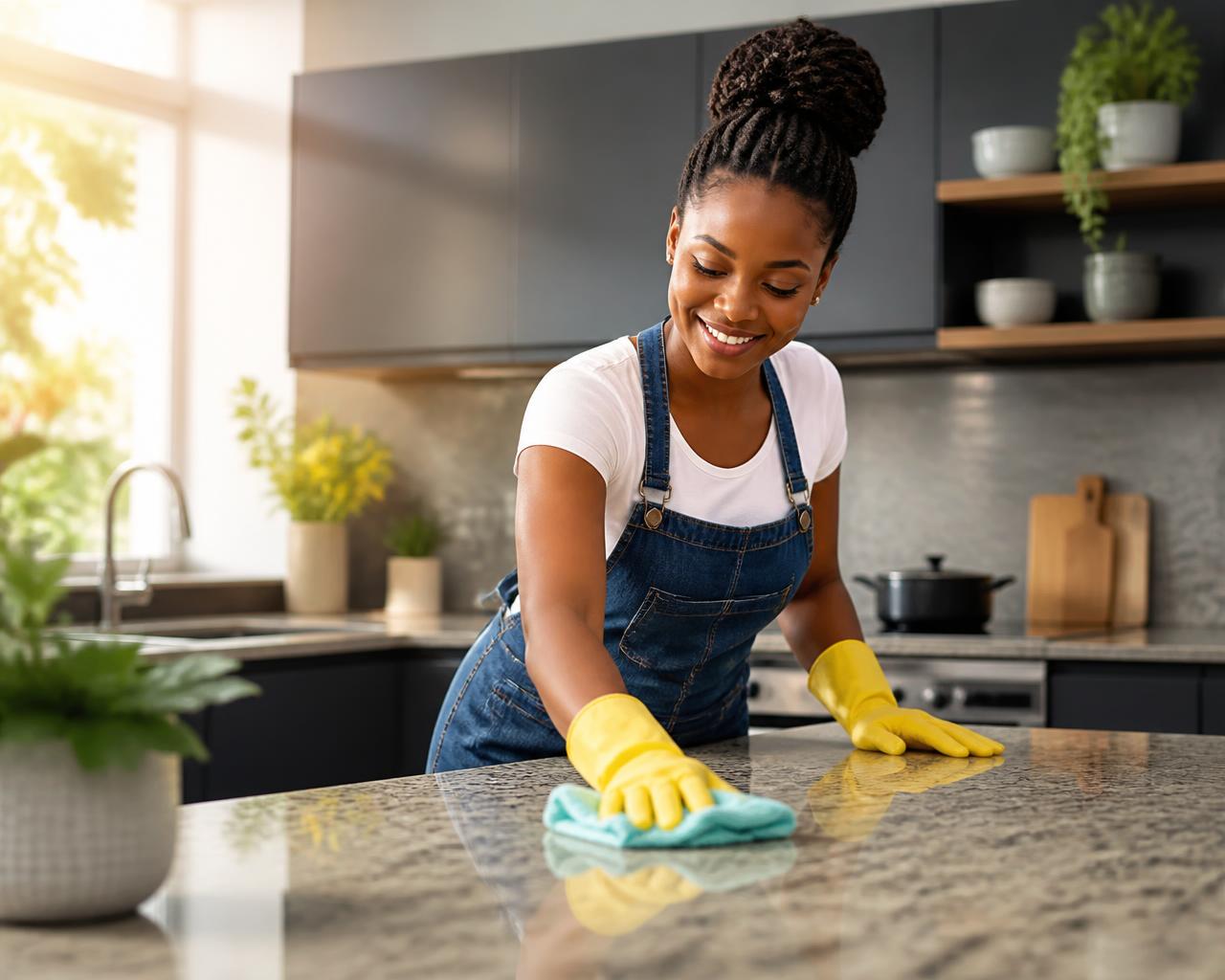 Cleaning professional in yellow gloves wiping a bright kitchen countertop
